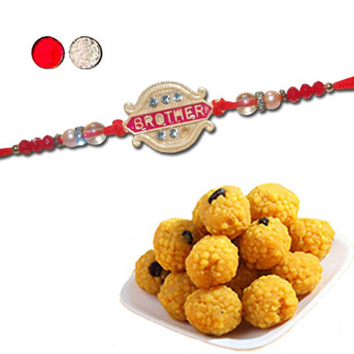 "Rakhi - FR- 8560 A (Single Rakhi), 500gms of Laddu - Click here to View more details about this Product